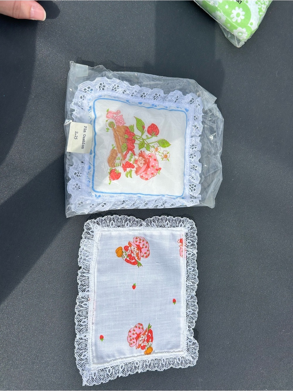 4/$100 Vintage Strawberry Lace Handkerchiefs - White with Pink Strawberries